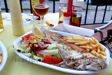 Fisch mit Pommes und Salat in einem Restaurant in einer Seitenstraße wo das Essen etwas billiger ist beim Andalusien Urlaub in Spanien, August 2013.